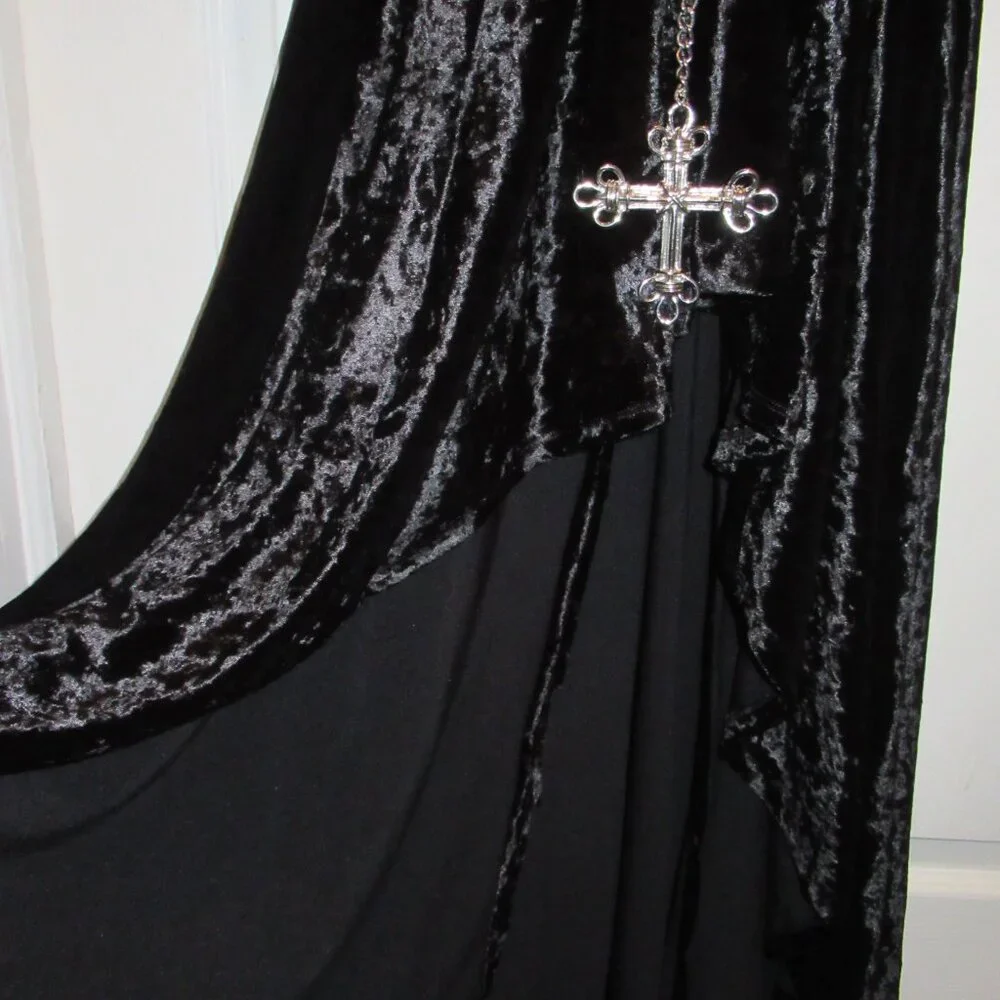 Vintage Crushed Velvet Goth Gown Bell Sleeves Dramatic Cross Chain Small EUC - Picture 11 of 15